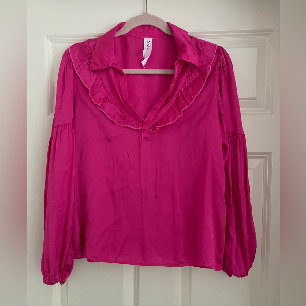 NWT Amadi Anthropologie “Barbie” Pink Ruffle Blouse XS